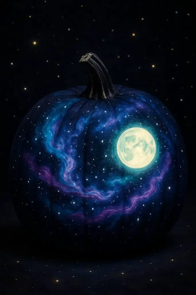 A beautifully painted pumpkin featuring a galaxy scene with a large moon and stars.