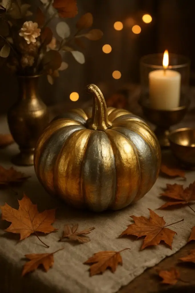A beautifully painted pumpkin with metallic gold and silver hues, surrounded by autumn leaves and a candle.