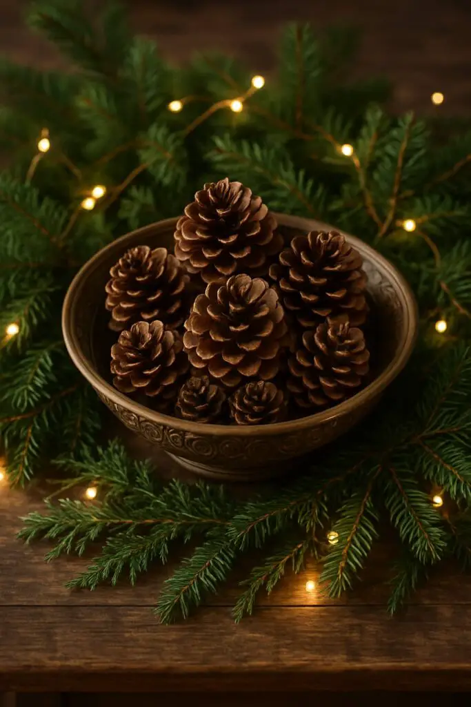 A bowl filled with scented pinecones surrounded by greenery and fairy lights.