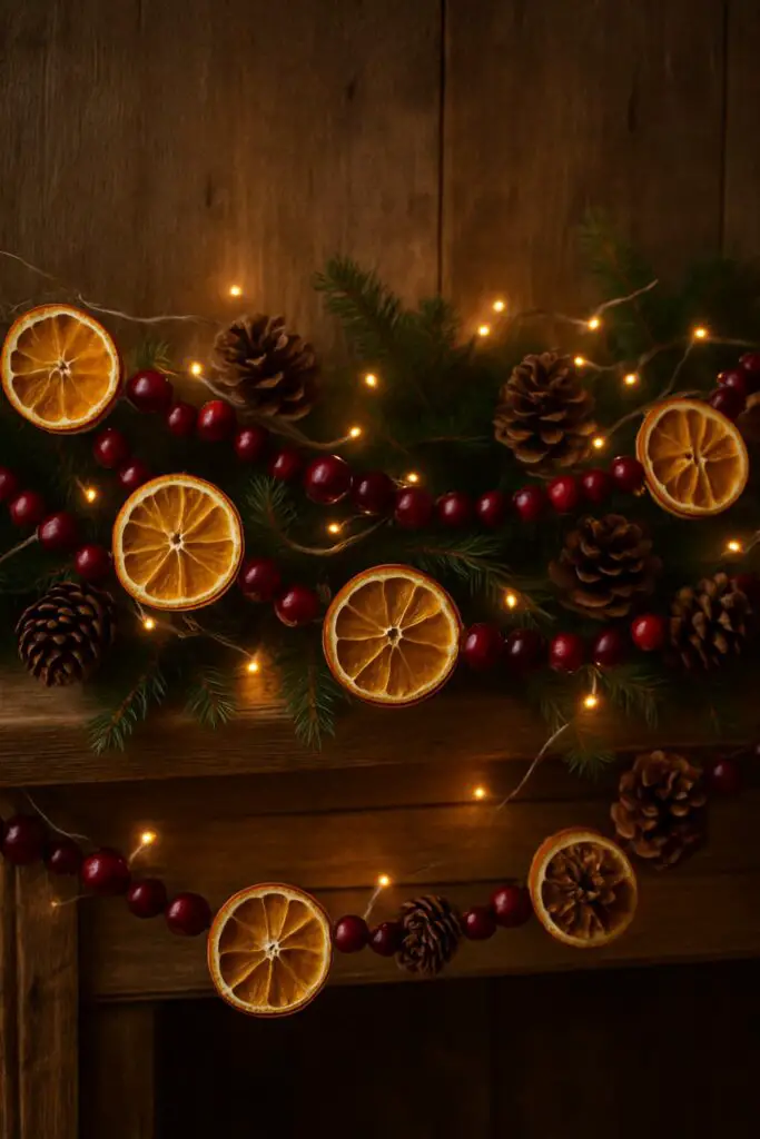 A garland made of dried orange slices, cranberries, pinecones, and fairy lights.