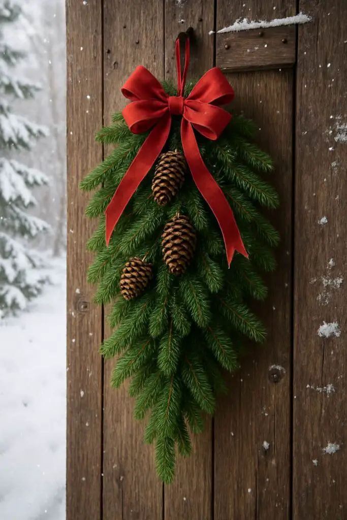 A fresh evergreen door swag with pine cones and a red ribbon, hanging on a wooden door.