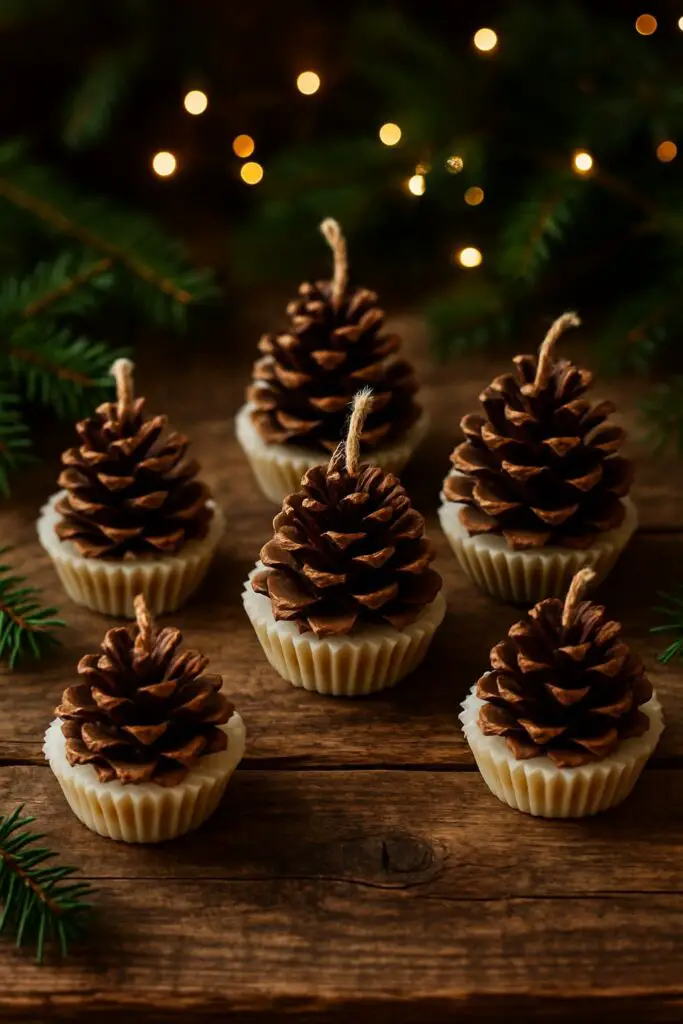 Pinecone wax fire starters arranged on a wooden surface with greenery and lights in the background.