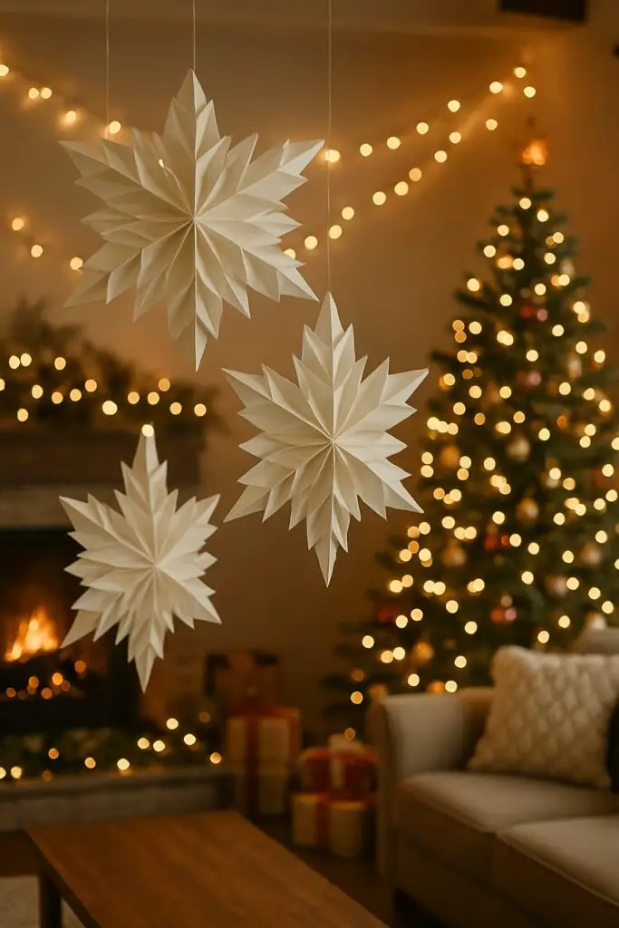 Three large 3D paper snowflakes hanging in a cozy room with a Christmas tree and lights.
