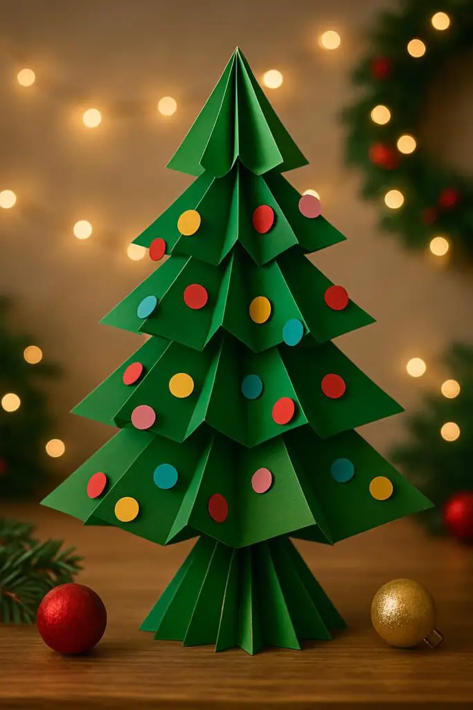 A folded paper Christmas tree with colorful decorations on a wooden table.
