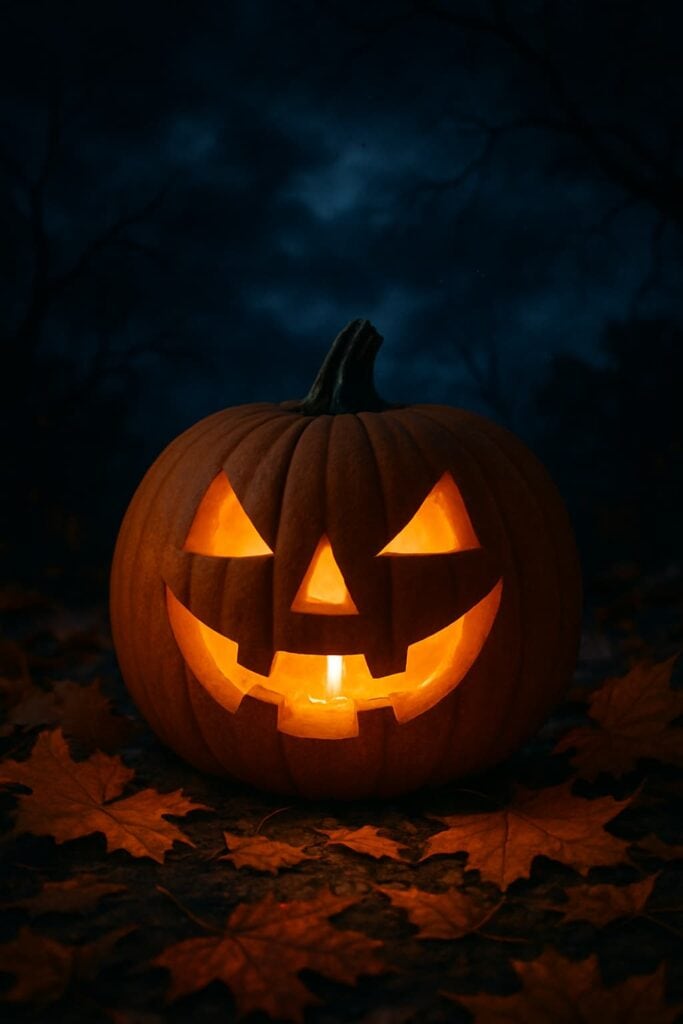 A classic grinning Jack-O'-Lantern glowing in the dark surrounded by autumn leaves.