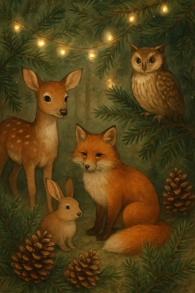 Illustration of woodland creatures including a deer, fox, rabbit, and owl, surrounded by pine branches and lights.