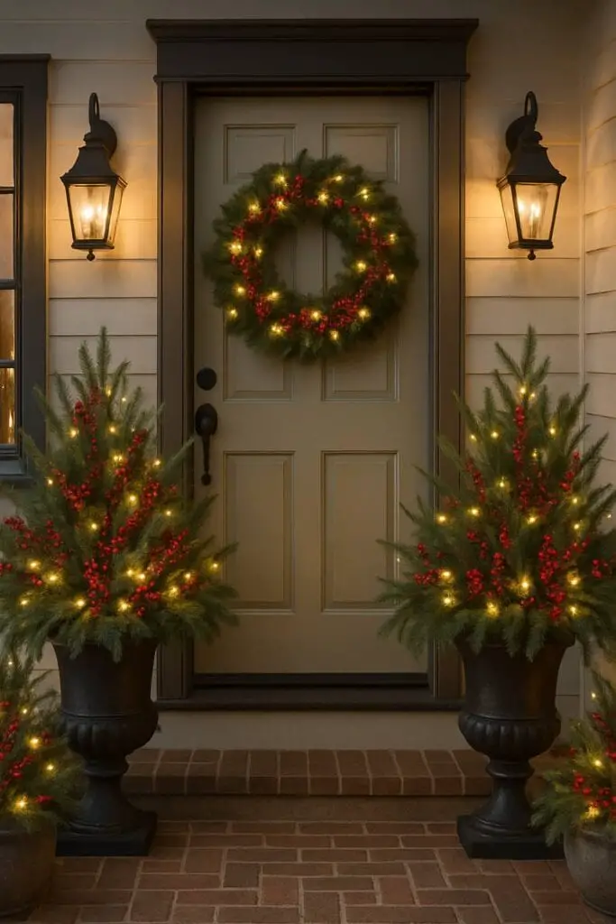 Christmas planters and wreath at a front door