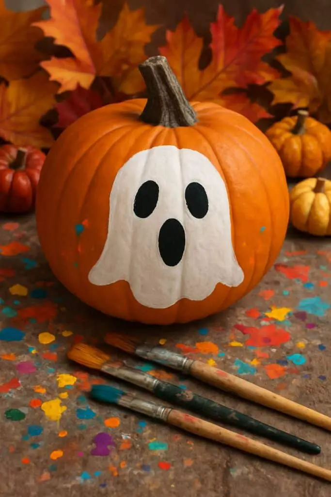 A bright orange pumpkin with a painted ghost face, surrounded by colorful paint splatters and paintbrushes.
