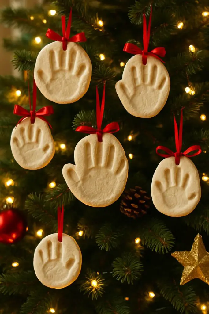 Salt dough handprint ornaments hanging on a Christmas tree.
