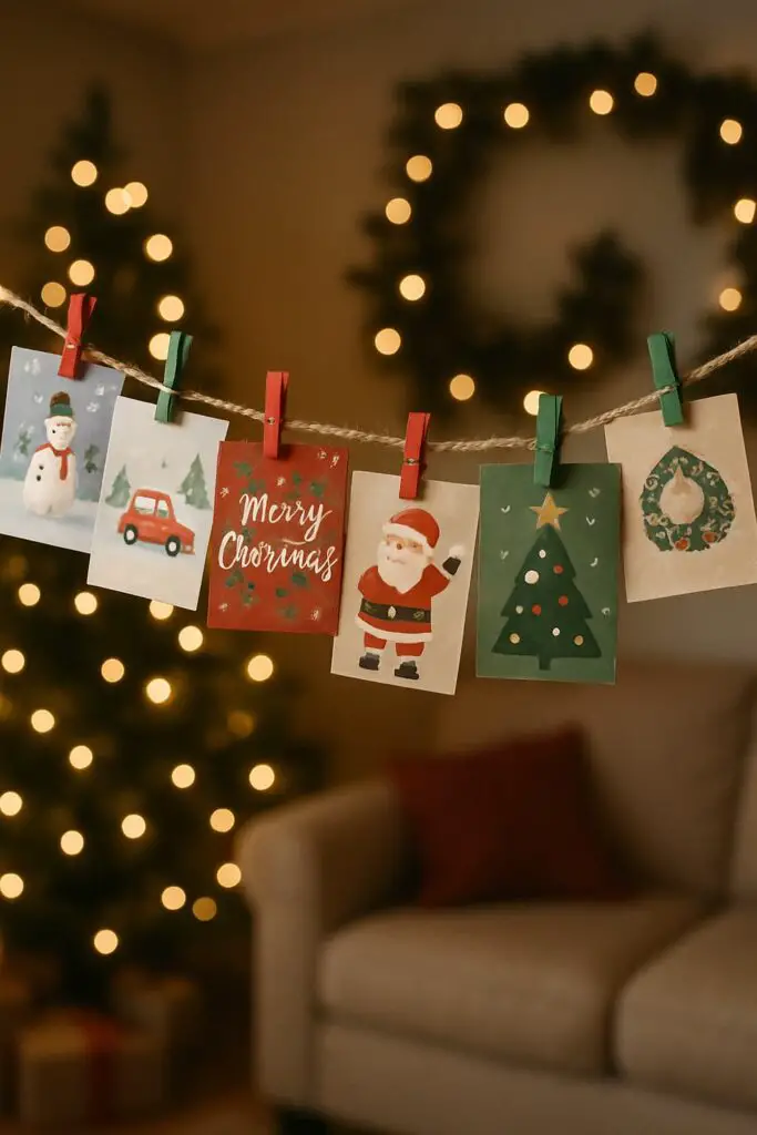 A garland made of twine and clothespins displaying colorful holiday cards.