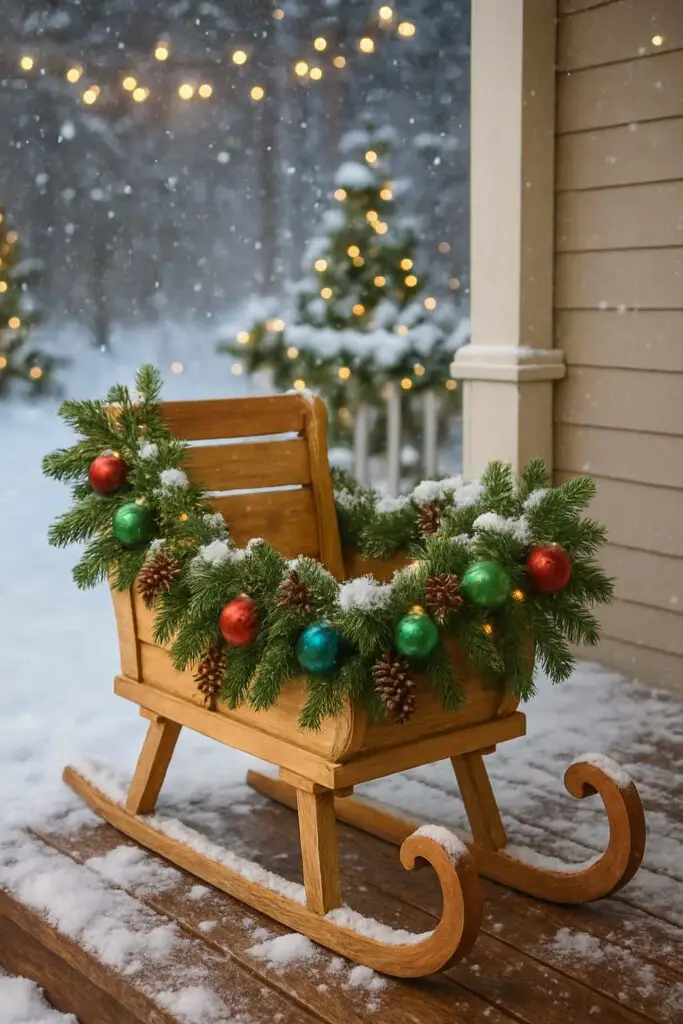A wooden sleigh decorated with greenery and colorful ornaments on a snowy porch.