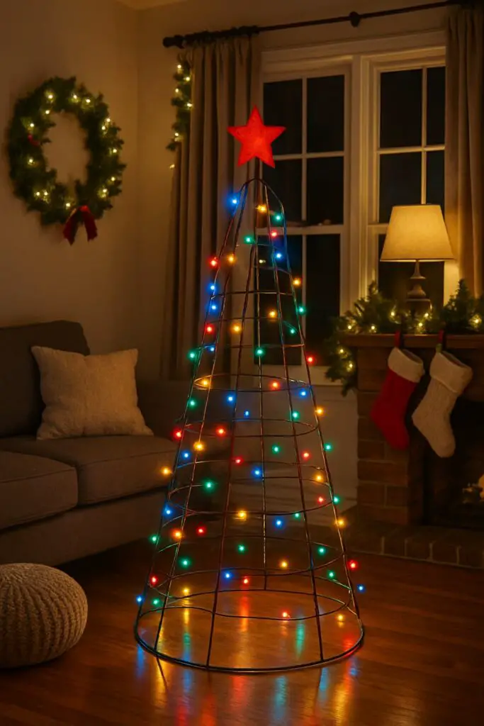 A DIY tomato cage Christmas tree decorated with colorful lights and a star on top.