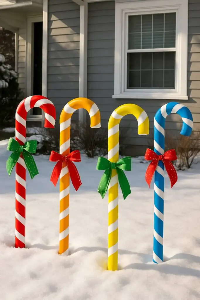 Colorful giant candy canes made from PVC pipes in a snowy yard.