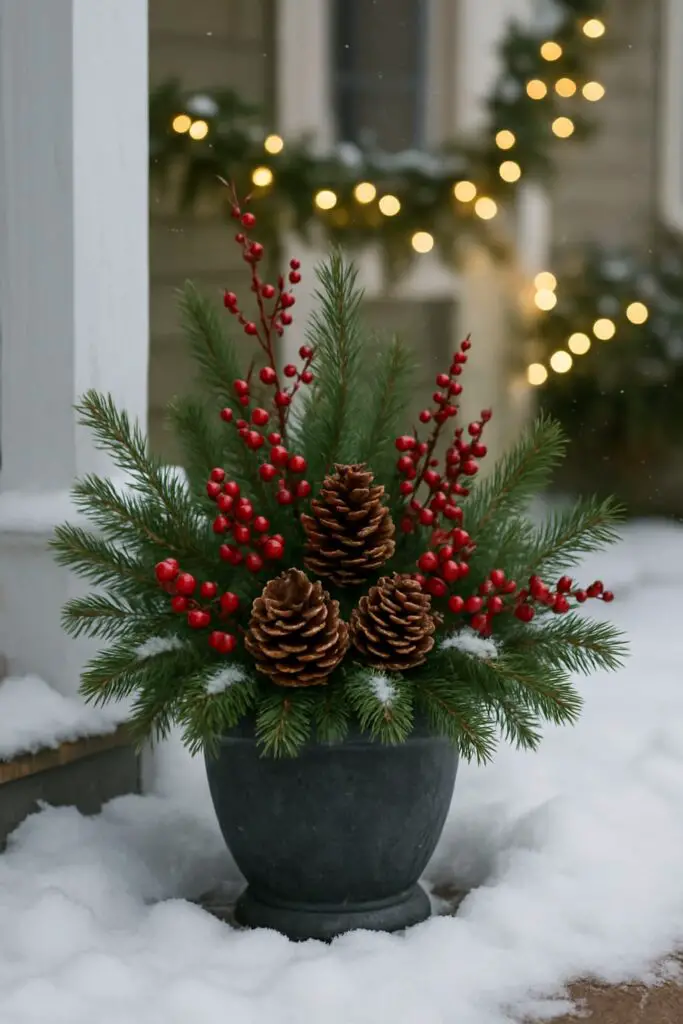 A festive evergreen porch pot with pine branches, pinecones, and red berries.