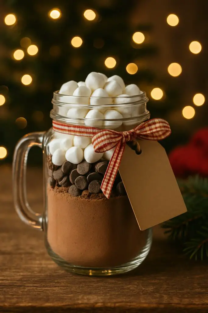 Layered mason jar filled with cocoa powder, chocolate chips, and marshmallows, decorated with a ribbon.