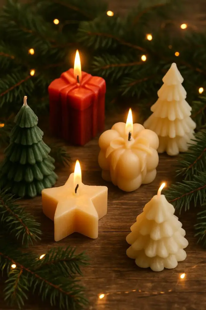A collection of hand-poured holiday scented candles in various shapes, including trees and a gift box, surrounded by pine branches and fairy lights.