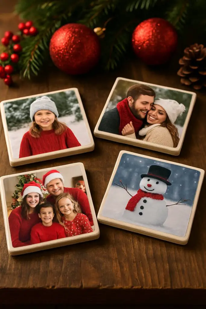 Four personalized photo coasters featuring family pictures and a snowman, surrounded by Christmas decorations.