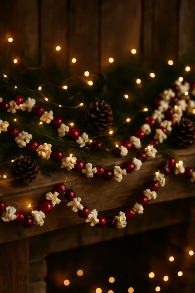 A festive garland made of popcorn and cranberries, adorned with warm lights and pinecones.