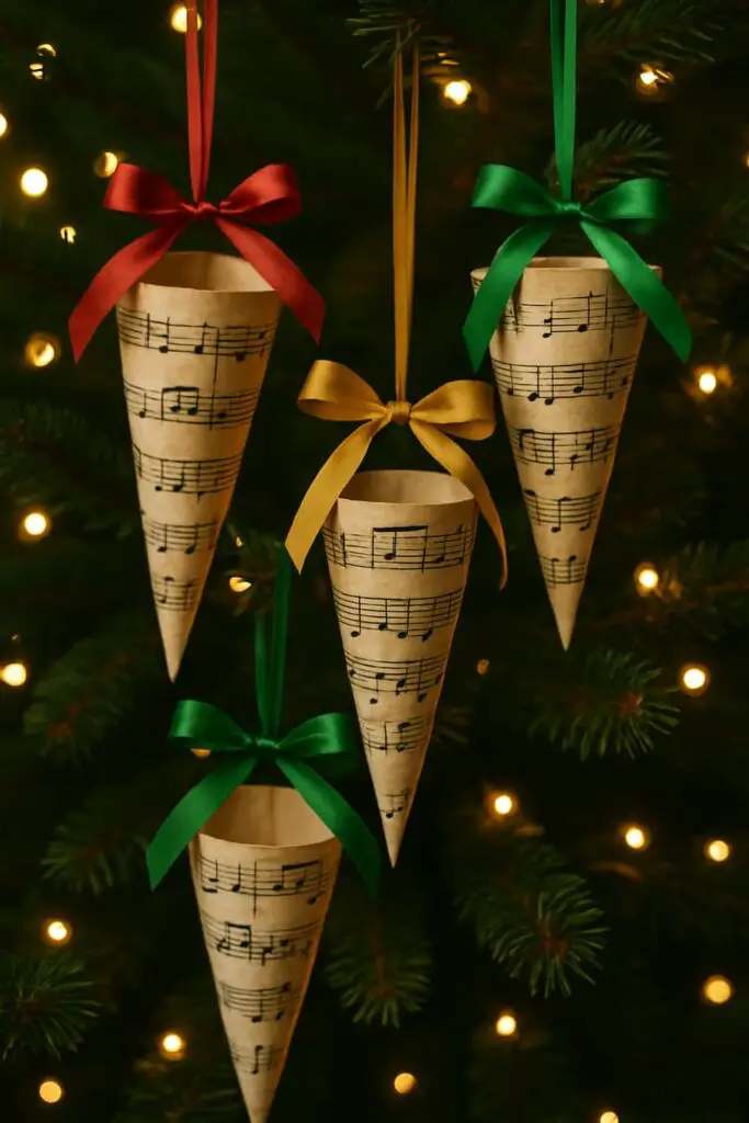 Vintage sheet music cone ornaments hanging on a Christmas tree with colorful ribbons.