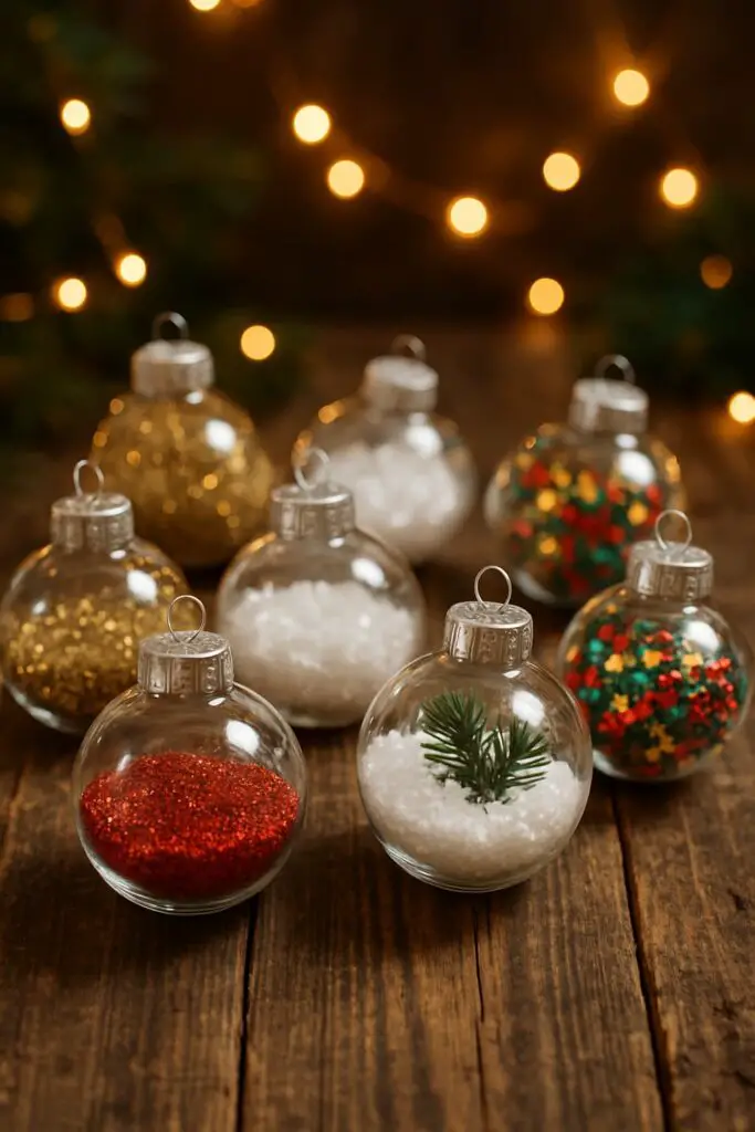 Clear plastic ornaments filled with glitter and decorations on a wooden surface.