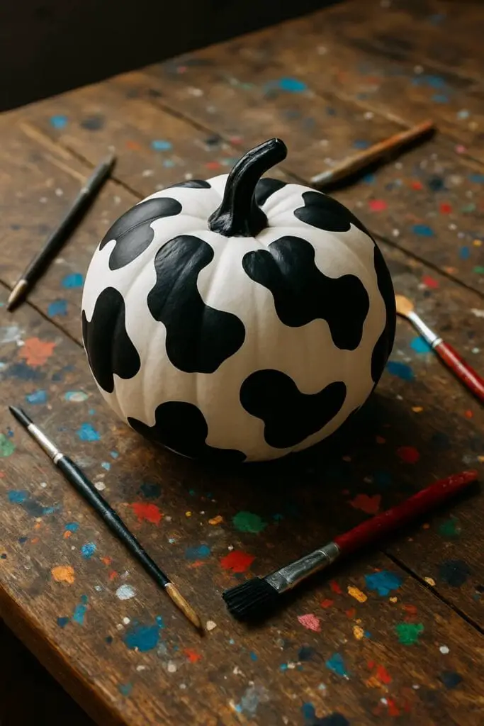 A white pumpkin with black cow print spots, surrounded by paintbrushes on a colorful table.