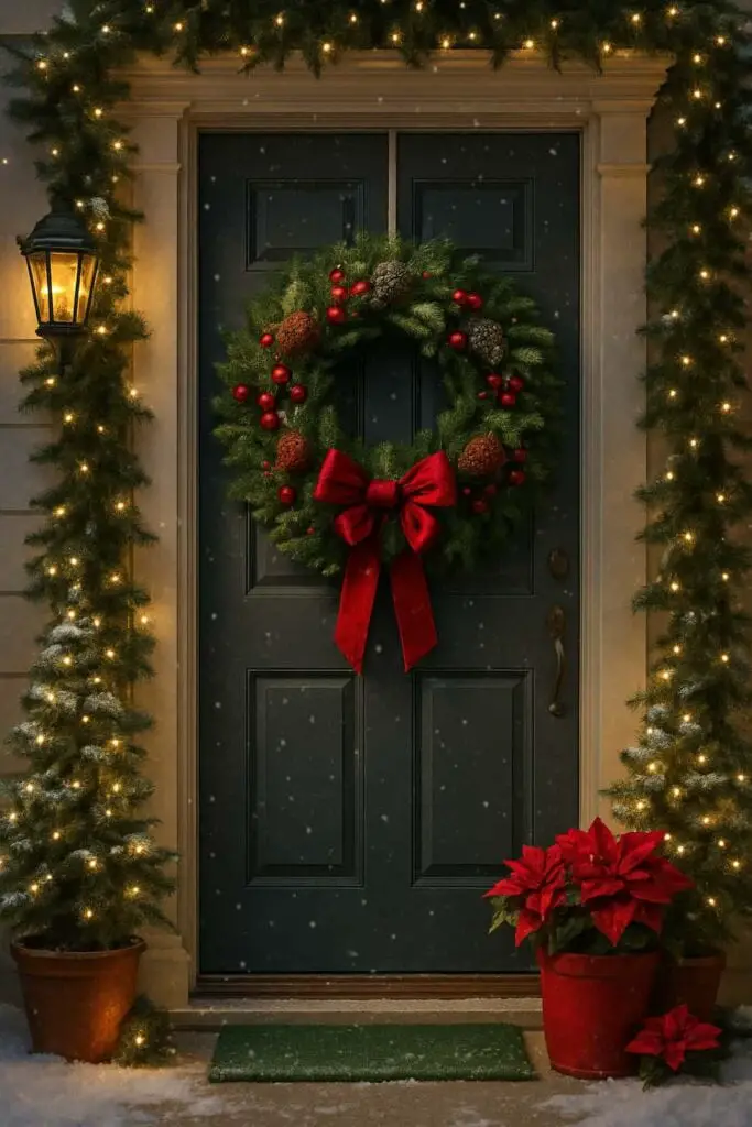 A front door decorated with a classic Christmas wreath, garlands, and poinsettias.