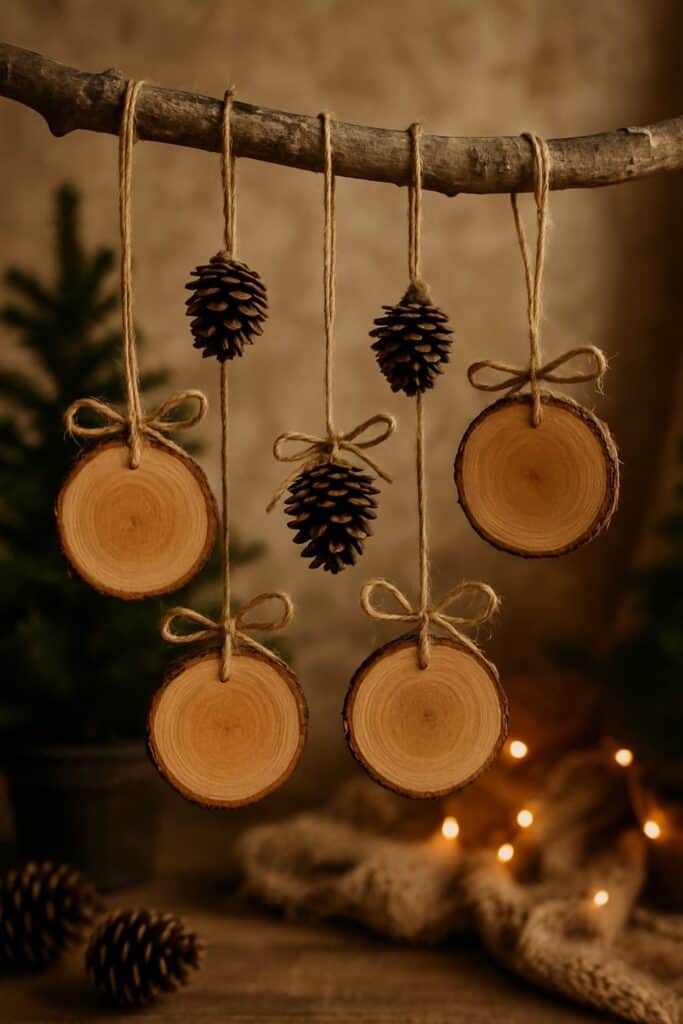 Natural wood slice ornaments hanging from a branch with pinecones