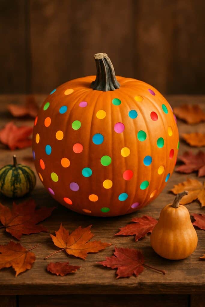 A bright orange pumpkin with colorful polka dots, surrounded by autumn leaves and small gourds.