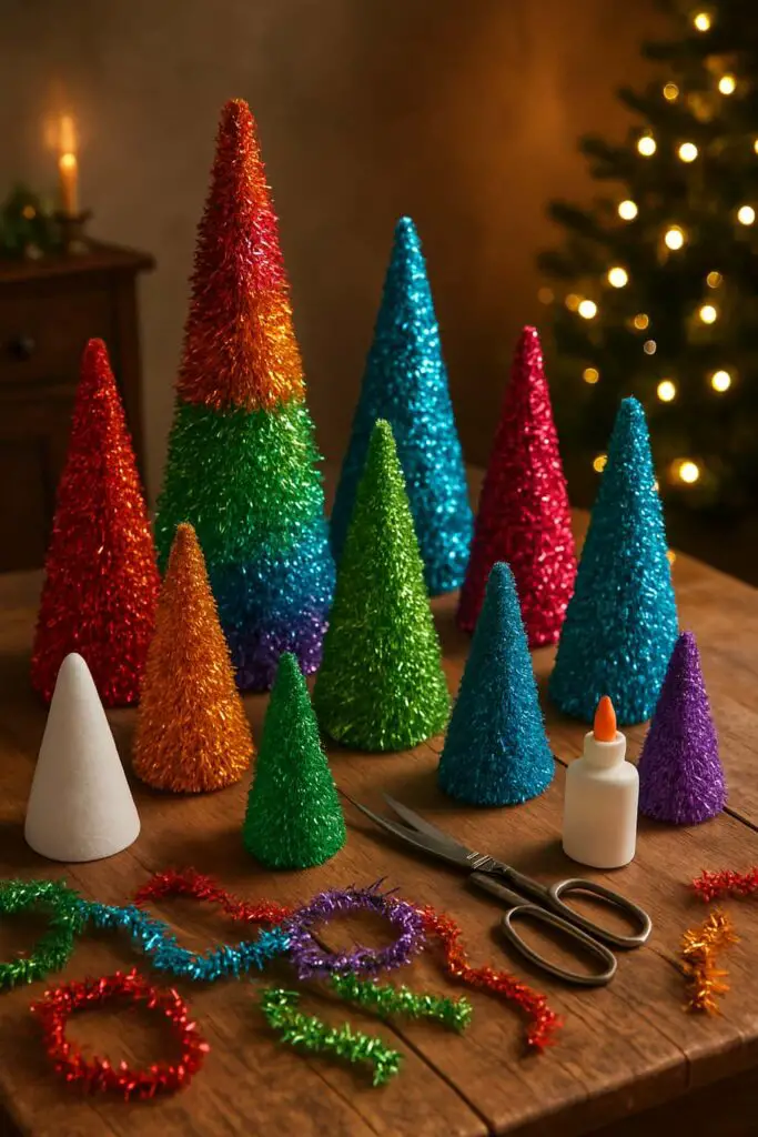 Colorful tinsel-covered Styrofoam cones on a wooden table with scissors and glue.