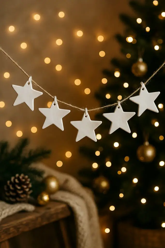 A garland made of white air-dry clay stars hanging with a blurred background of Christmas lights.