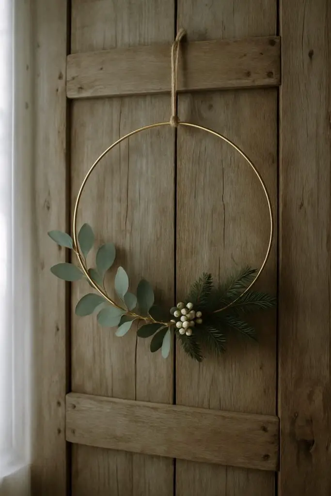 A minimalist gold hoop wreath with greenery hanging on a wooden door.