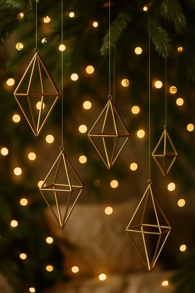 Geometric brass himmeli ornaments hanging on a Christmas tree with lights.