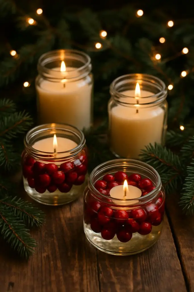 Floating cranberry and candle jars on a wooden table with greenery and lights.