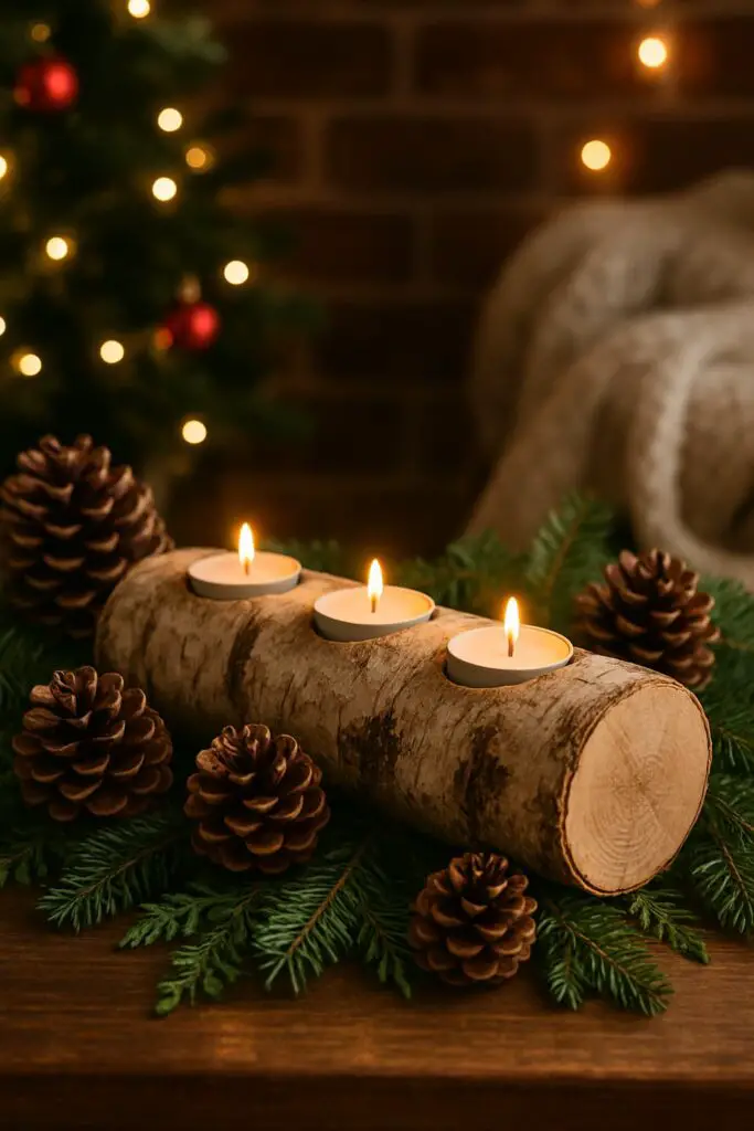 A birch log candle holder with tea lights surrounded by pinecones and greenery.