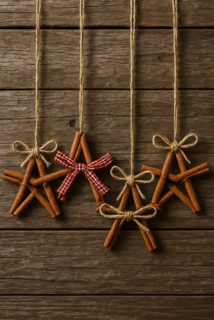 Cinnamon stick star ornaments hanging on a wooden background.