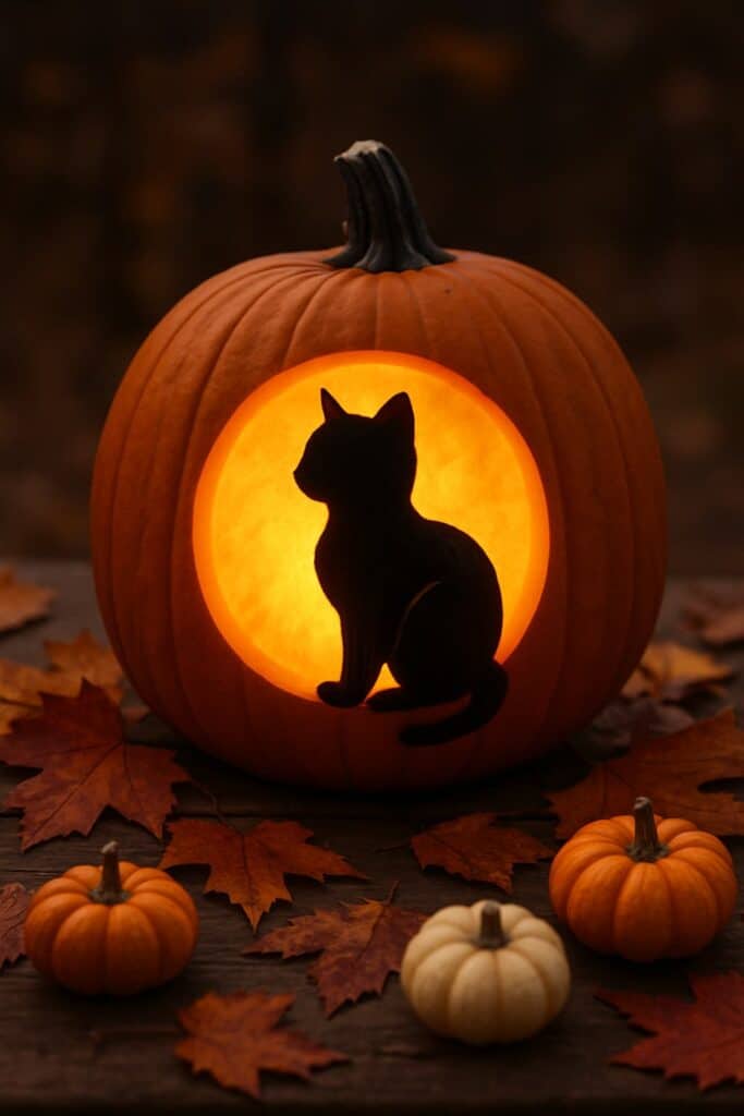 A carved pumpkin featuring a black cat silhouette, glowing warmly from within, surrounded by autumn leaves and smaller pumpkins.