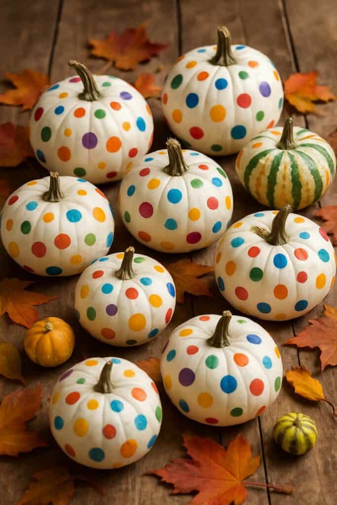 Colorful polka dot pumpkins on a wooden surface with autumn leaves