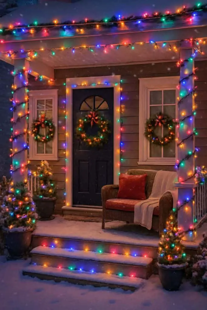 A beautifully decorated front porch with colorful Christmas lights and wreaths, surrounded by snow.