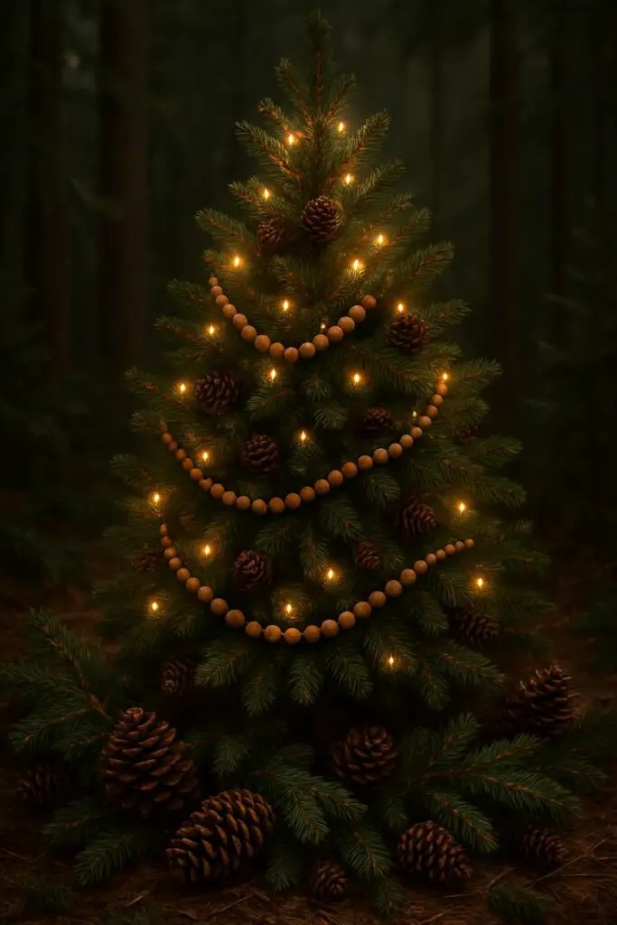 A Christmas tree decorated with wood bead garlands and pinecones, illuminated by soft lights in a woodland setting.