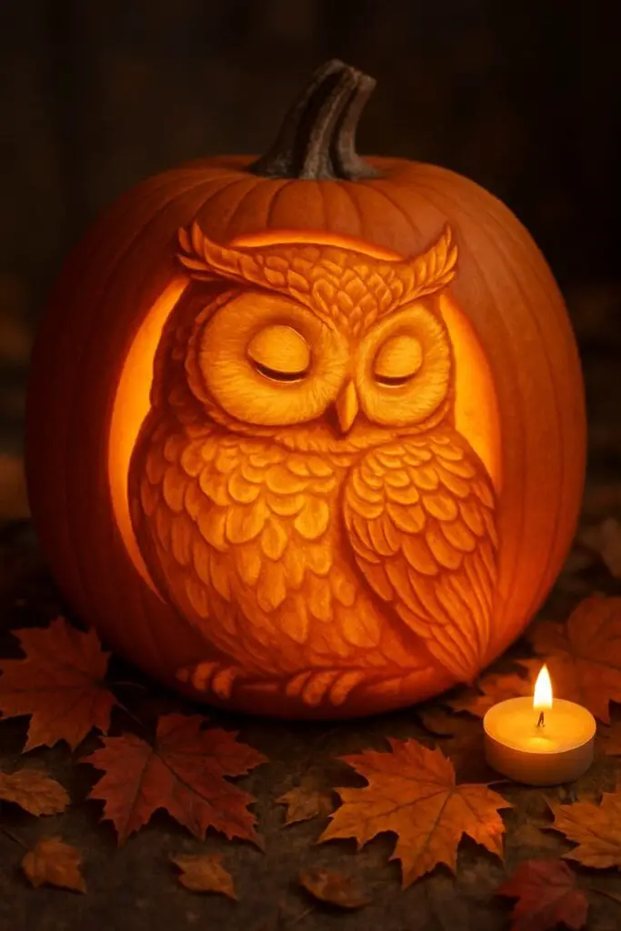 A carved pumpkin featuring a sleeping owl design, illuminated from within, surrounded by autumn leaves.