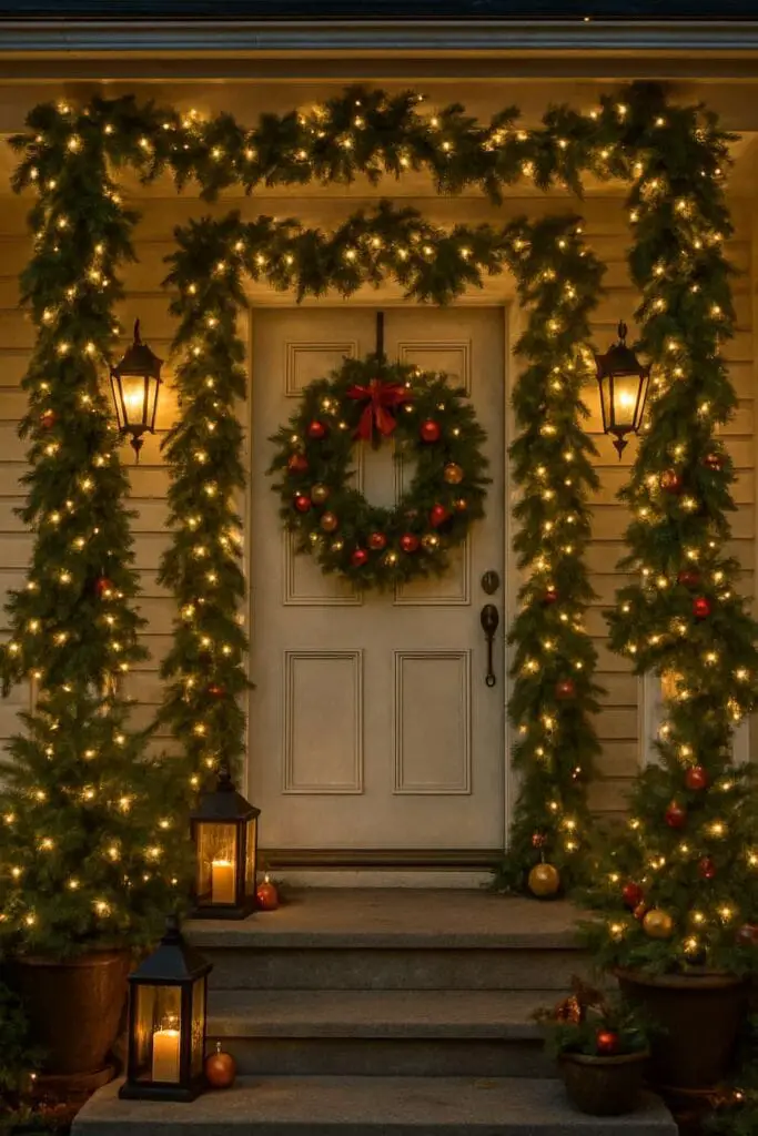 A beautifully decorated front porch with garlands around the door and posts, featuring lights, a wreath, and lanterns.