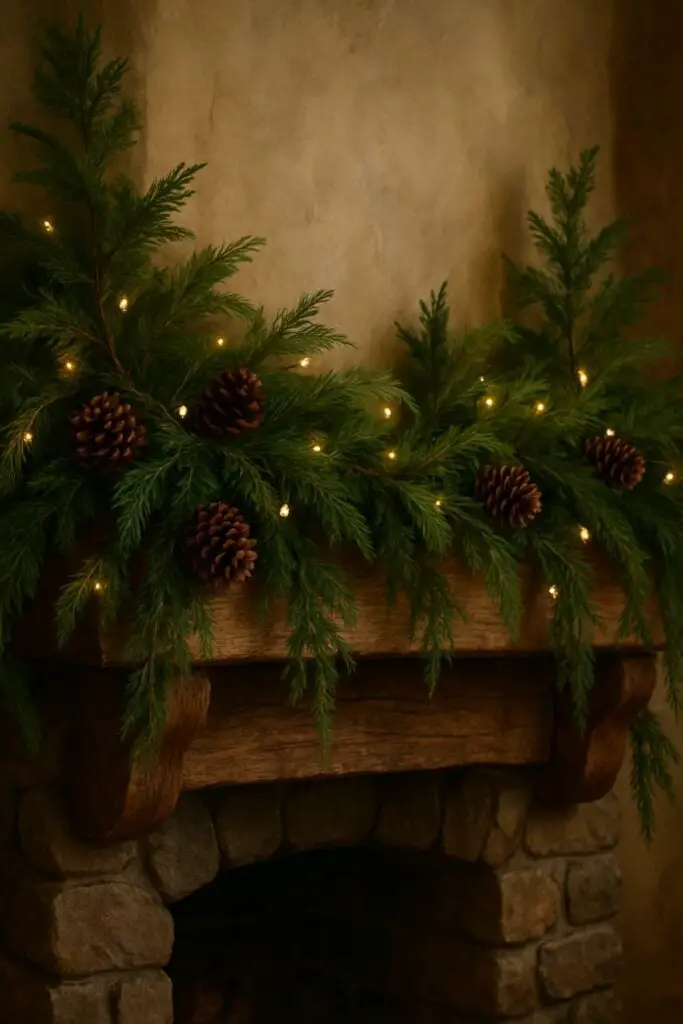 A rustic wooden mantel decorated with a lush pine and cedar garland, featuring pinecones and warm lights.