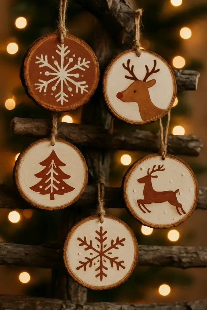 Hand-painted wood slice ornaments featuring snowflakes, reindeer, and Christmas trees.