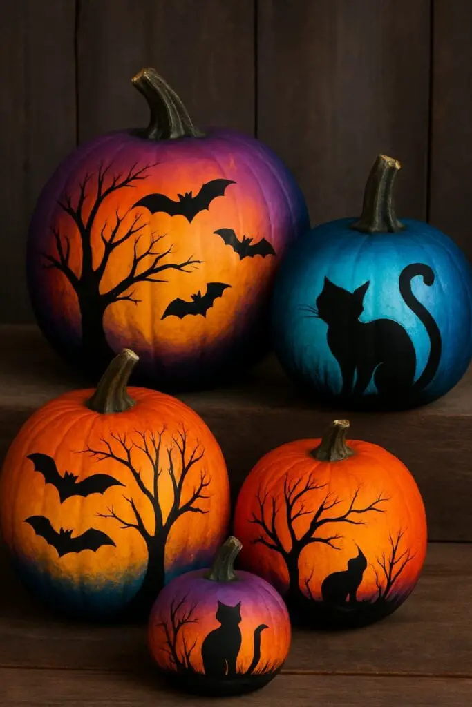 Colorful pumpkins with spooky silhouettes of bats, cats, and trees.