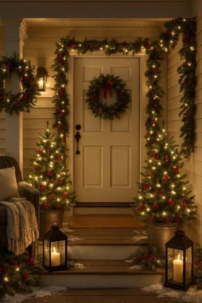 A beautifully decorated front porch with two miniature Christmas trees, wreaths, and lanterns.