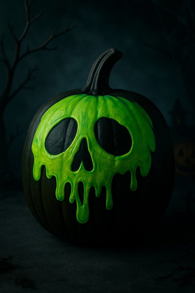 A black pumpkin with a bright green poison drip effect and skull design.
