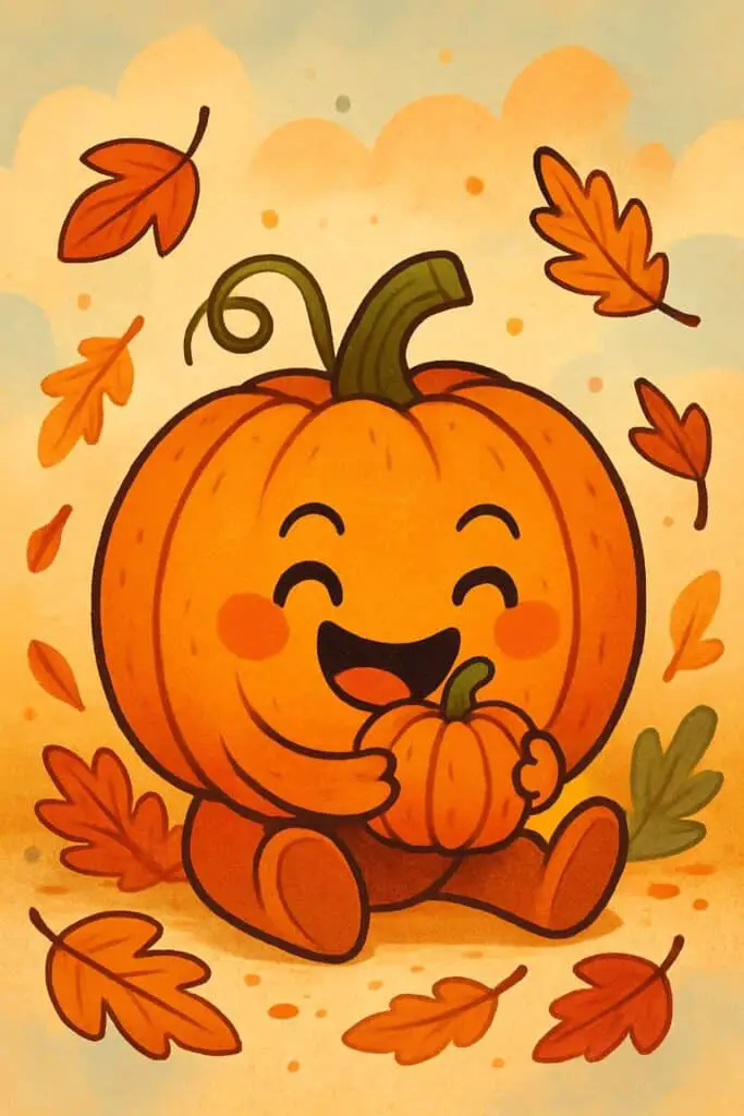 A cartoonish pumpkin happily holding a mini-pumpkin, surrounded by autumn leaves.