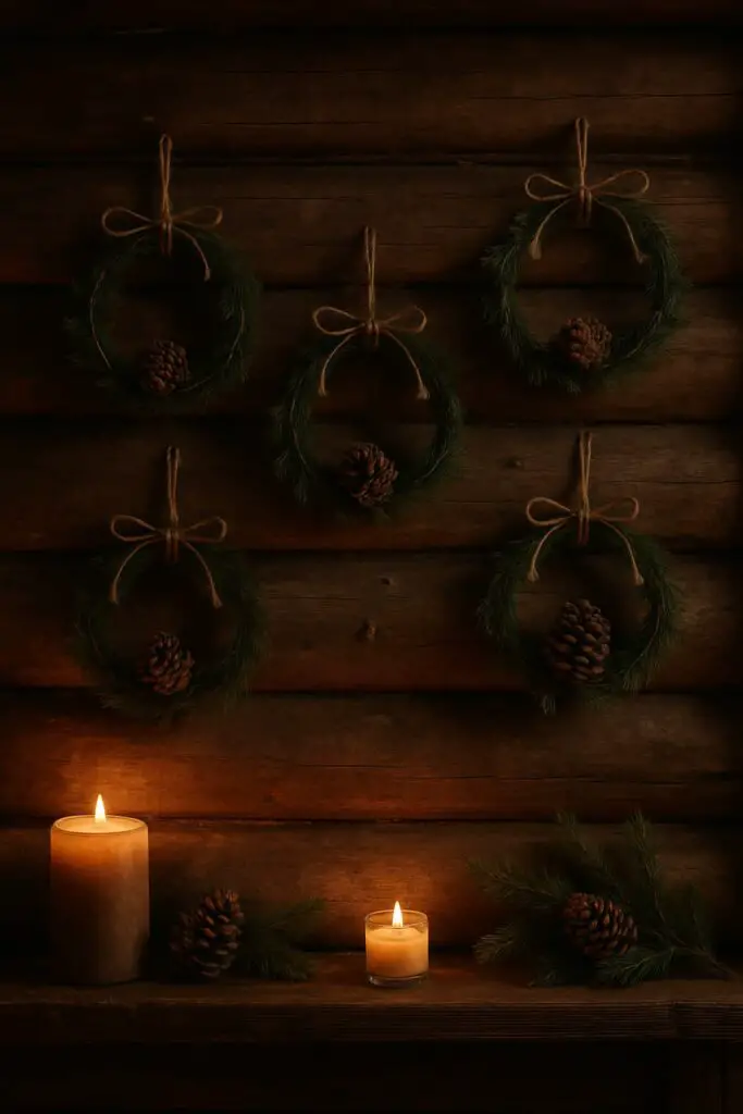 A collection of simple mini wreaths made from greenery and pine cones, hanging on a wooden wall with candles nearby.