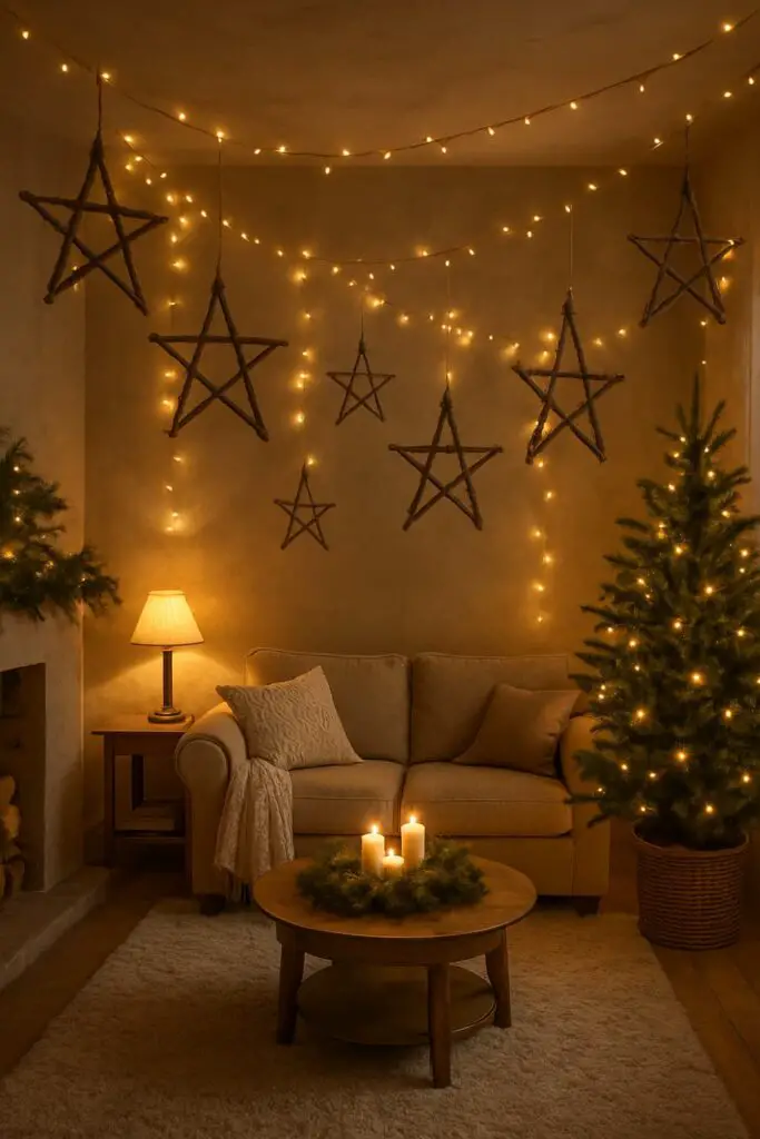 A cozy living room decorated with twig and twine hanging stars, fairy lights, and a Christmas tree.