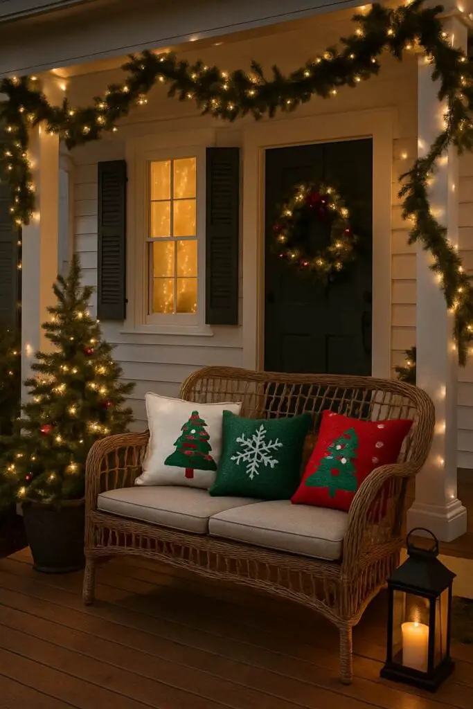 Cozy front porch with a wicker sofa, festive pillows, Christmas tree, and lantern